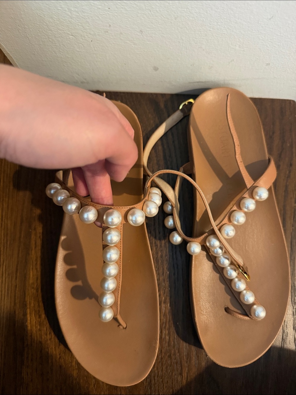 Stuart Weitzman Tan Pearl T-Strap Sandals